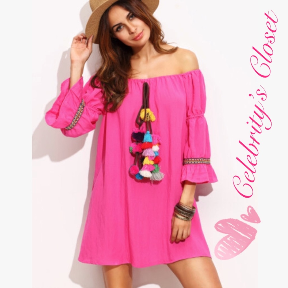 EUC Pink Off Shoulder PomPom Embellished Dress M